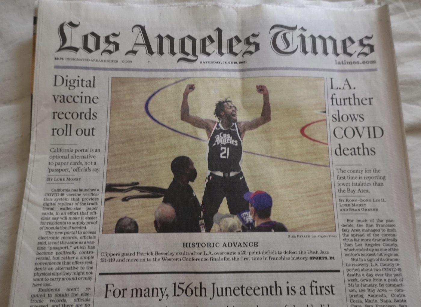 Los Angeles Times front page from June 19, 2021, marking the Clippers' first Western Conference Finals appearance after Terance Mann scored 39 points