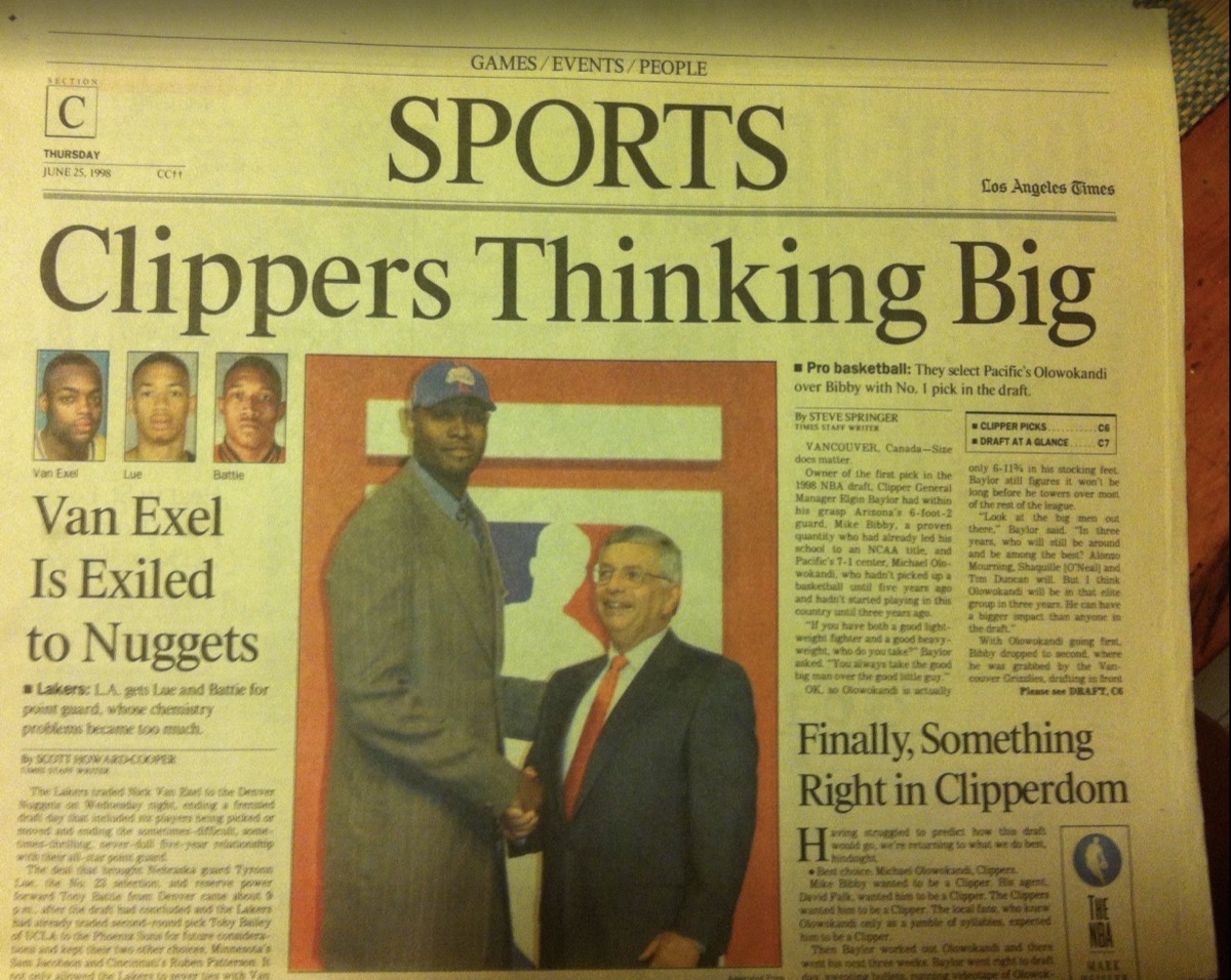 Los Angeles Times sports front page from June 25, 1998, reporting that the Clippers drafted Michael Olowokandi first overall
